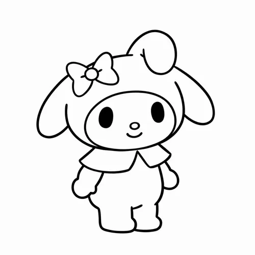 Tranh tô màu My Melody đứng thẳng với chiếc nơ hoa trên tai, áo liền thân gọn gàng và gương mặt hiền xinh giữa khung trắng sạch sẽ