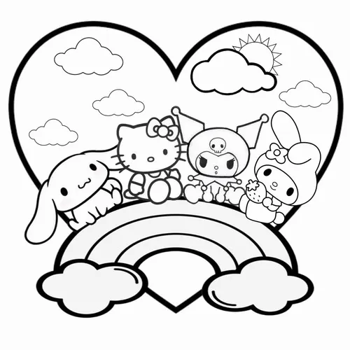 Bản vẽ nét thanh nhân vật biểu tượng đưa Hello Kitty và bạn bè ngồi trên cầu vồng trong khung tim lớn, mây bồng bềnh làm cảnh nhìn cực mộng