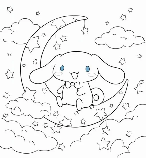 Cinnamoroll ngồi trên vầng trăng lưỡi liềm giữa mây sao, hai tai dài rủ mềm và nụ cười bé xíu tạo cảm giác rất hiền cho bé 3 tuổi