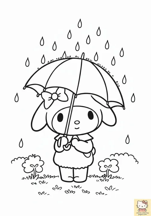 Bộ ảnh phác thảo thế giới Kawaii vẽ My Melody đứng dưới ô giữa cơn mưa nhỏ, váy ngắn gọn gàng và bước chân khép nép trông thật dịu