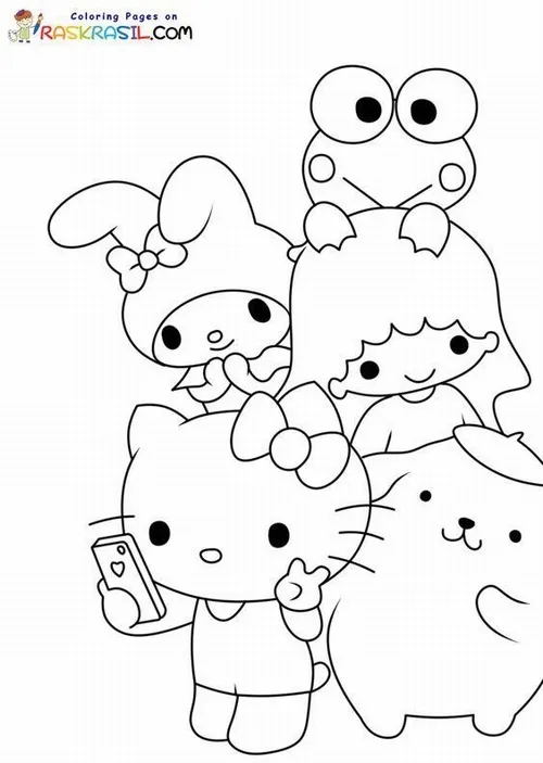 Tranh rèn luyện sáng tạo nhân vật Nhật cho thấy Hello Kitty đứng cạnh hai người bạn, tay cầm món đồ nhỏ và dáng tụm lại trông rất vui vẻ