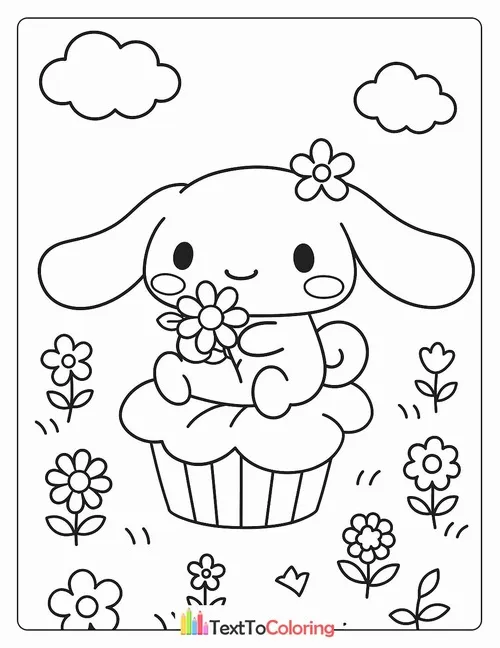 Cinnamoroll ôm bông hoa nở giữa khu vườn có mây và cỏ, đôi chân ngắn đứng vững, mặt ngước lên nhìn thật tươi và thanh tú