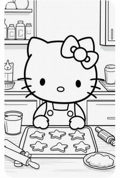 Hello Kitty đứng trong bếp với tạp dề buộc gọn, bên cạnh là khay bánh và dụng cụ làm bếp, không khí gia đình nhìn rất đằm ấm