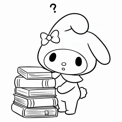 Tải hình tô màu hình vẽ đen trắng Sanrio có bé thỏ đội nơ cúi bên chồng sách cao, một tay vịn mép sách và vẻ mặt ngoan ngoãn đầy tò mò