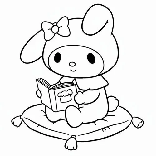 My Melody ngồi trên gối tua rua, mở sách trước mặt với đôi tai mềm rủ xuống, khung ảnh nhỏ gọn trông thật thanh và yên ắng cho bé 3 tuổi