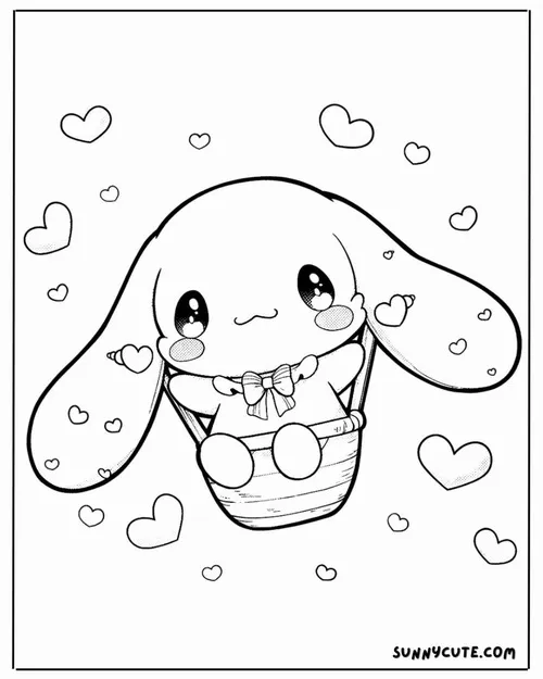 In trang tập tô màu Cinnamoroll ngồi trong chiếc cốc xinh, hai tay đặt lên mép ly, xung quanh lơ lửng nhiều trái tim tạo cảm giác thật thơ