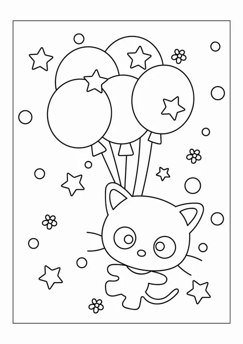 Hello Kitty buộc vào chùm bóng bay giữa các ngôi sao lấp lánh, thân nhỏ treo lơ lửng và chiếc nơ trên đầu trông rất yêu cho trẻ 2 tuổi