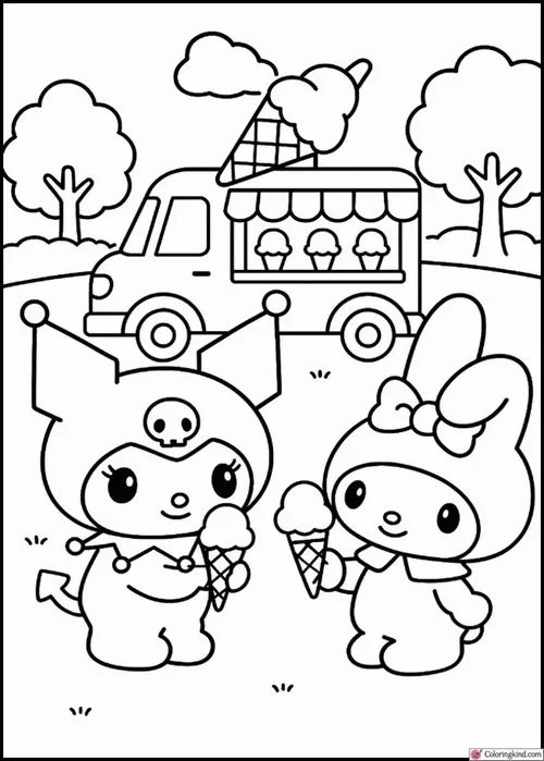 Mẫu tranh tô màu Kuromi và My Melody đứng trước xe bán kem nhỏ, một bạn cầm cây ngọt còn bạn kia nghiêng đầu nhìn rất mềm theo kiểu hình vẽ đen trắng Sanrio