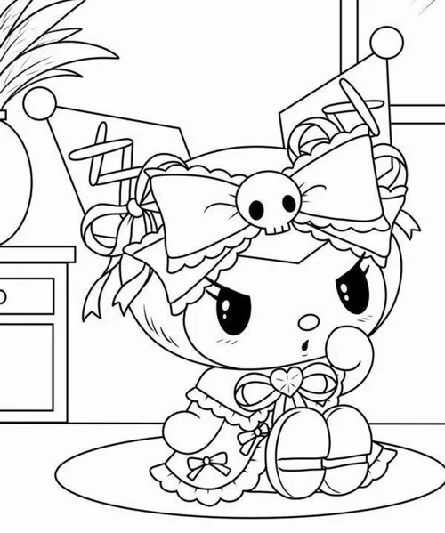 Nhân vật đội nơ lớn ngồi trên ghế với váy bèo nhiều lớp, hai tay đặt gọn trước người, góc nhìn gần làm tổng thể thanh và búp bê