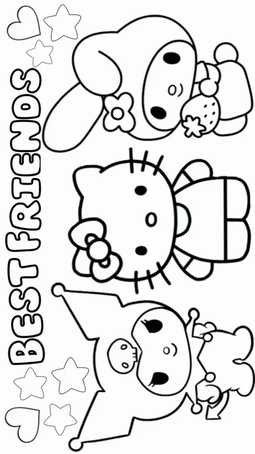 Hai bạn nhỏ xếp dọc trong khung hẹp có chữ Best Friends, Hello Kitty ở giữa nhìn nghiêng còn bạn bên cạnh ôm vai trông hiền cho bé 5 tuổi