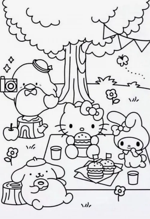 Dưới tán cây lớn, nhiều bạn Sanrio ngồi quanh bữa picnic với bánh và trái cây, mỗi gương mặt quay một hướng nên khung cảnh vui mắt và thơ