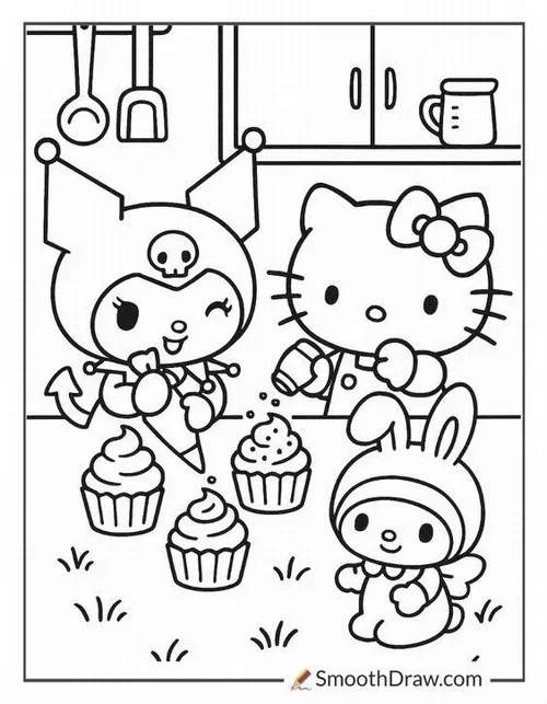 Hình tô màu Sanrio Kuromi, Hello Kitty và My Melody đứng cạnh khay bánh cupcake trong bếp, tủ treo phía sau làm bố cục sáng như tranh rèn luyện sáng tạo nhân vật Nhật
