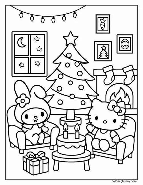 Phòng khách Giáng sinh có cây thông, ghế sofa và quà đặt dưới sàn, ba bạn nhỏ quây quanh bàn bánh tạo cảm giác ấm cho trẻ 6 tuổi