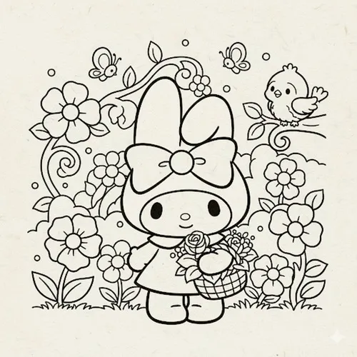 Trang tô màu khổ A4 My Melody đứng giữa bụi hoa nở dày, bên trên có chim nhỏ bay qua, chiếc váy ngắn và giỏ hoa làm dáng vẻ kiều