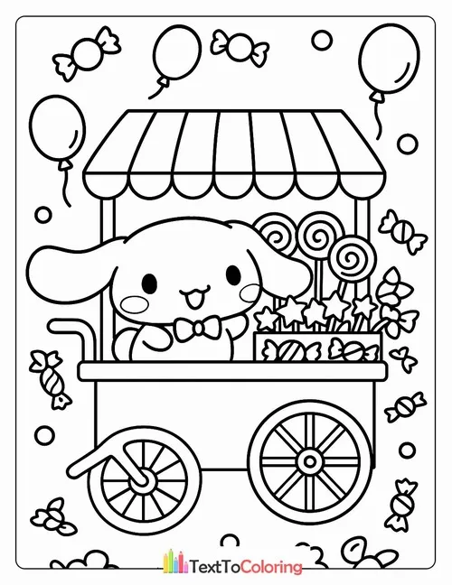 Xe đẩy bán hàng có mái sọc và nhiều bóng bay, Cinnamoroll đứng phía sau quầy như mời khách mua đồ, khung dọc nhìn xinh cho bé 5 tuổi