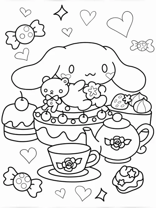 Cinnamoroll ngồi sau bàn trà đầy bánh ngọt và tách nhỏ, xung quanh có tim cùng sao li ti làm toàn bộ bức vẽ trông mơ và nữ tính