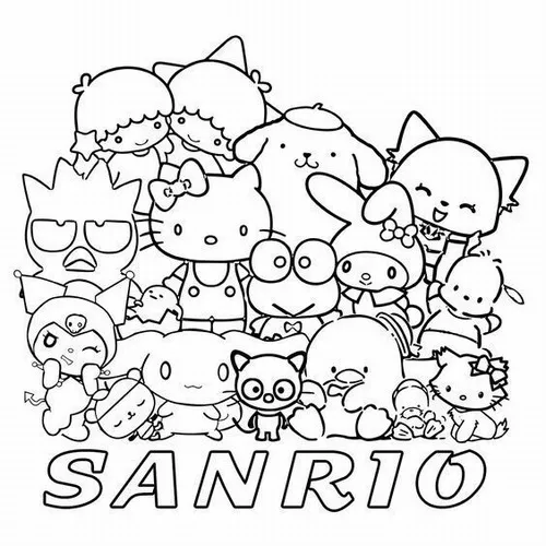 Bản vẽ nét thanh nhân vật biểu tượng nhiều bạn Sanrio chen thành cụm quanh chữ lớn phía dưới, Hello Kitty ở giữa ôm bạn bên cạnh tạo cảm giác quấn quýt