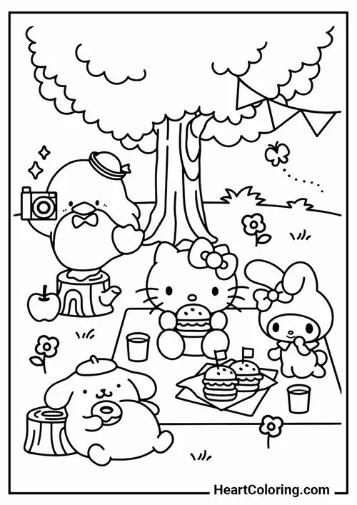 Hình vẽ nhân vật Sanrio buổi picnic dưới gốc cây có cờ dây và giỏ đồ ăn, vài bạn ngồi bệt còn vài bạn tựa nhau làm không khí rất ấm áp