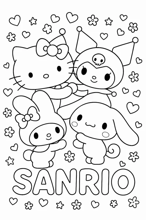 Bộ ảnh phác thảo thế giới Kawaii khung dọc đặt chữ Sanrio ở cuối, bên trên là Hello Kitty, Kuromi và My Melody bay giữa sao nhỏ nhìn cực thơm tho