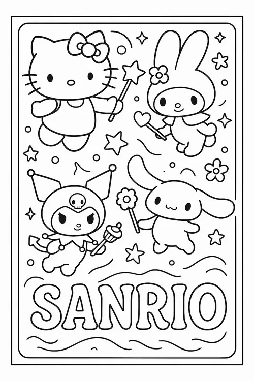 Hello Kitty ở trung tâm nắm tay hai bạn tóc ngắn, phía sau còn Keroppi và Cinnamoroll ló lên tạo đội hình đáng yêu và gần gũi cho bé 5 tuổi