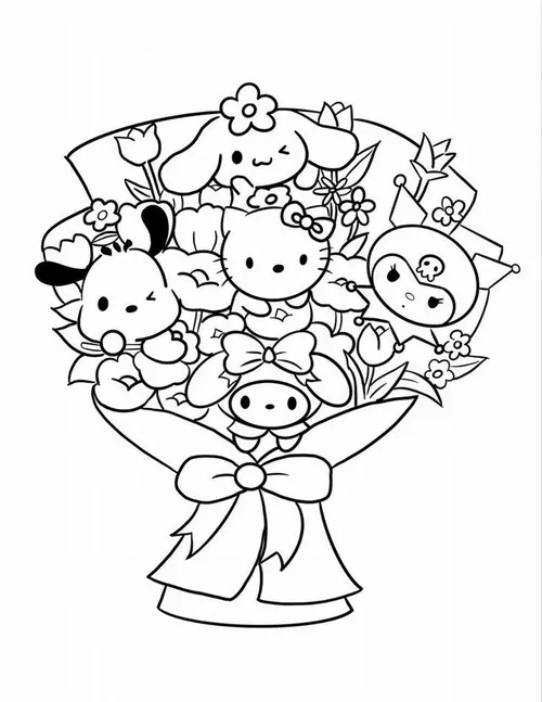Bó hoa lớn ôm trọn nhiều gương mặt quen thuộc như Hello Kitty, Kuromi và Cinnamoroll, các nhân vật chen nhau rất duyên như đang cùng gửi quà bất ngờ