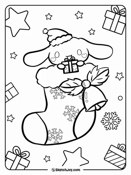 Tải hình tô màu chú cún tai dài chui trong chiếc tất Noel cạnh quà và ngôi sao, tay ôm hộp nhỏ trông trong như một đêm lễ hội