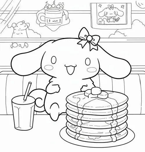 Cinnamoroll ngồi trước chồng bánh kếp cao bên ly nước, đầu cúi sát đĩa như sắp ăn ngay, không gian bếp nhìn ngọt cho bé 5 tuổi