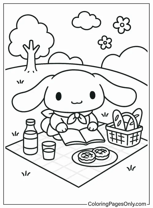 Cinnamoroll ngồi trên thảm ngoài trời với hộp màu, bánh ngọt và giỏ picnic cạnh tay, nụ cười tròn nhỏ làm khung cảnh rạng hẳn lên