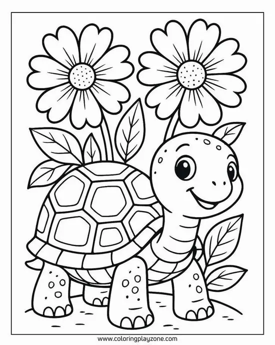 In trang tập tô màu chú rùa nhỏ chậm chạp bò giữa những khóm hoa dại ven đường hỗ trợ các bạn nhỏ học cách nhận biết hình khối cho bé 5 tuổi