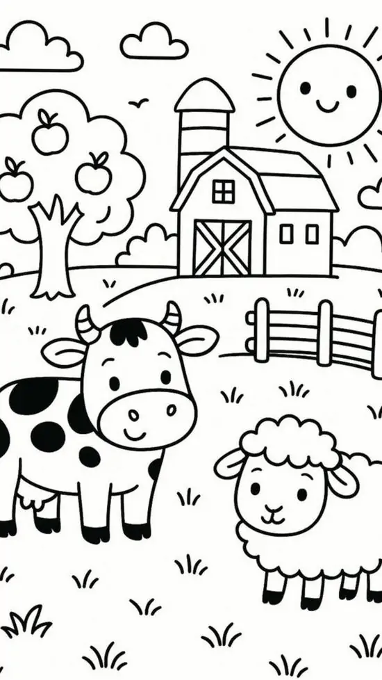 Tập tô màu mẫu giáo lớn đàn bò và cừu non đang vui chơi trên bãi cỏ xanh mướt của trang trại giúp bé rèn luyện tỉ mỉ kiên trì