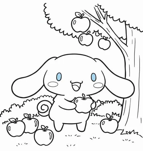 Cinnamoroll ngồi dưới gốc cây táo trĩu quả khẽ đưa tay hái những trái chín đỏ mọng tạo nên một khung cảnh đồng quê trong lành và giản đơn.