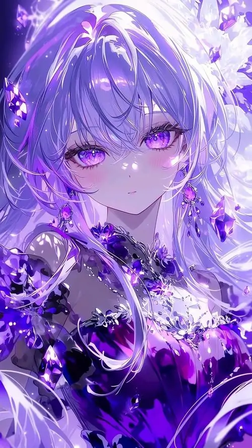 Thiếu nữ có mái tóc tím nhạt nhìn thẳng với đôi mắt long lanh như thạch anh, những cánh hoa rơi quanh gương mặt khiến bức ảnh trở nên thanh tao và thoát tục nhờ sắc độ tím hài hòa.