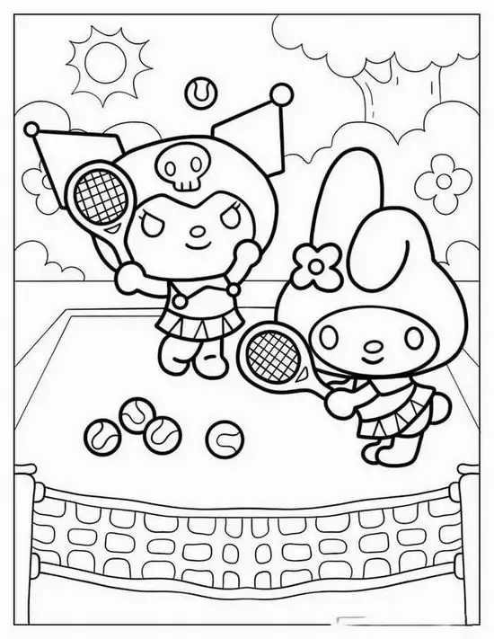 Hình tô màu Kuromi và My Melody cầm vợt trên sân quần vợt, hai bạn nhỏ đứng đối diện nhau khiến bức ảnh vừa tươi vừa hợp chủ đề hoạt động thủ công