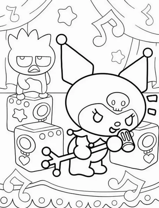 Mẫu tô màu Kuromi đứng trước dàn loa lớn, tay đưa ra như đang biểu diễn còn nốt nhạc bay quanh khiến khung hình nổi bật vẻ cá tính rất dễ thương