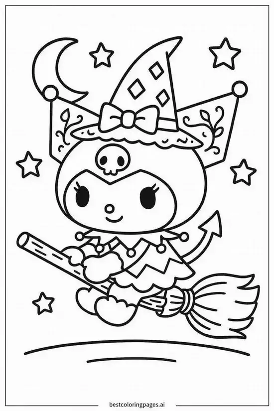 Kuromi cưỡi chổi bay nghiêng qua bầu trời đầy sao, tay cầm đũa phép nhỏ và váy áo bay nhẹ làm cảnh đêm trông rất duyên cho bé 5 tuổi