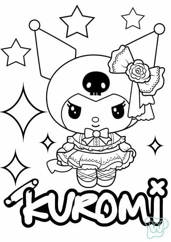 Bản in tô màu Kuromi mặc váy xếp tầng và cài hoa bên tai, đứng giữa nền sao lấp lánh với chữ tên lớn phía dưới, trông thật nữ tính và sáng