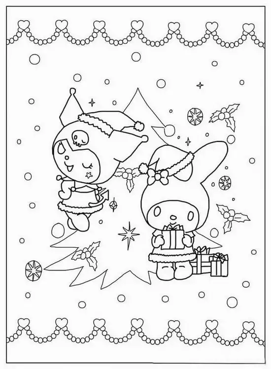 Tranh tập tô màu Kuromi và My Melody bay giữa khung ren, xung quanh là hạt sao và chấm nhỏ khiến hình tô màu Kuromi này trông rất mộng mơ