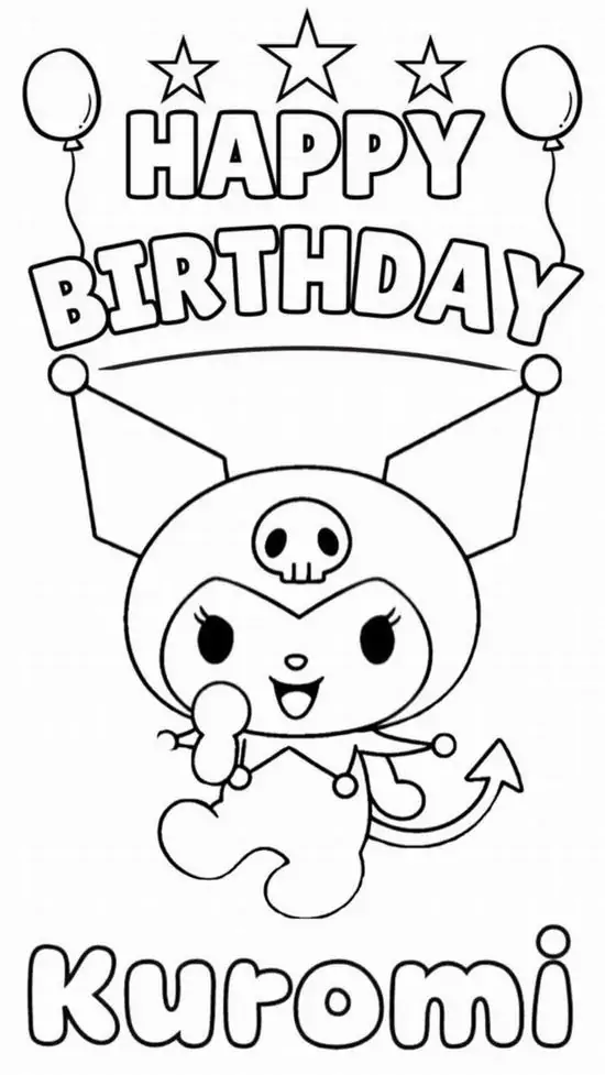 Tải tranh tô màu Kuromi đội mũ sinh nhật, cầm bóng bay và đứng cạnh chữ Happy Birthday, cả bố cục nhìn rộn ràng mà vẫn mềm mại