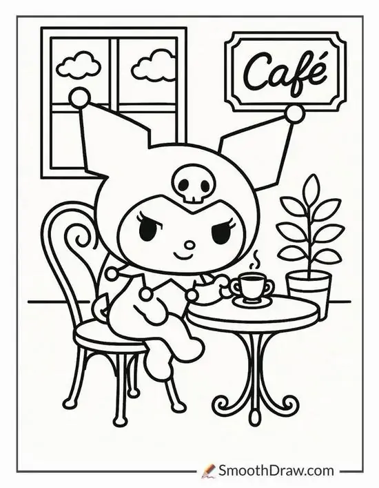 Kuromi ngồi tại bàn ngoài quán cà phê, một tay cầm tách nhỏ còn phía sau là khung cửa sổ và chậu cây, khung cảnh rất thanh lịch