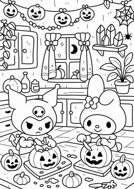 Tranh tô màu Kuromi và My Melody ngồi giữa góc sân Halloween đầy bí ngô, bánh ngọt và dây treo vui mắt, khung cảnh nhìn rất duyên, chạm nhẹ chất Sanrio