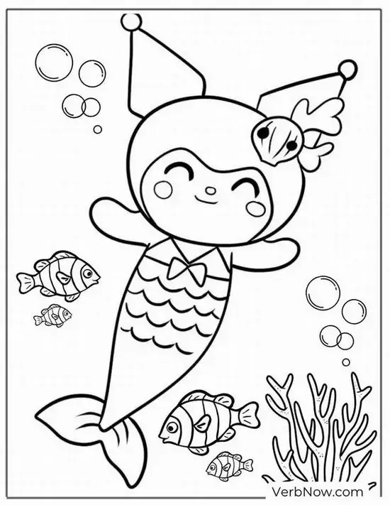 Nàng tiên cá Kuromi bơi nghiêng dưới biển, đuôi cá cong nhẹ bên vỏ sò và bọt nước khiến toàn khung hình trở nên tươi sáng cho bé 7 tuổi