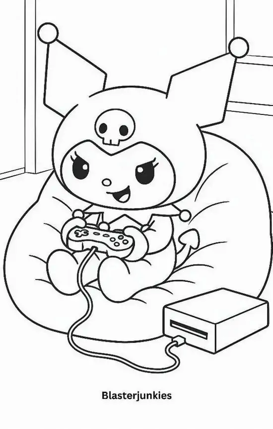 Tải mẫu tô màu Kuromi ngồi thu mình trên ghế lười, hai tay ôm món đồ nhỏ và quyển sách đặt cạnh chân tạo cảm giác thư thái, rất hợp giờ sáng tạo