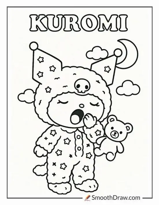 Kuromi mặc lại bộ đồ chấm bi rộng, ôm thú bông bên cạnh chữ tên lớn và vài đám mây nhỏ khiến khung hình có nét hồn nhiên của Nhật Bản