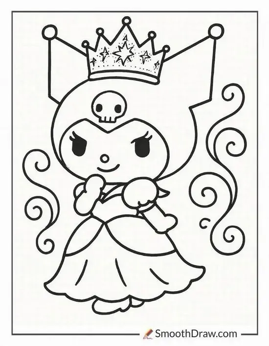 Hình tập tô màu Kuromi đội vương miện, mặc váy công chúa và đứng giữa khung dây xoắn mềm, dáng tay khép trước ngực làm bức ảnh thêm yêu kiều