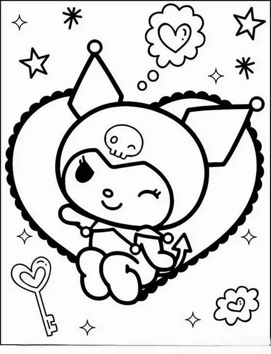 Kuromi ngồi trong khung tim lớn, nháy một bên mắt và giơ ngón tay nhỏ lên má, các ngôi sao xung quanh làm bức hình rất duyên cho bé 5 tuổi