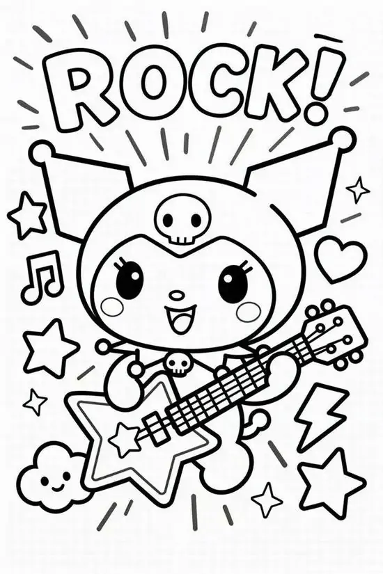 Kuromi ôm đàn điện nhảy giữa nốt nhạc và chữ ROCK, chiếc mũ đen rung theo dáng đứng nghịch ngợm làm bức hình trông thật sành và đáng yêu