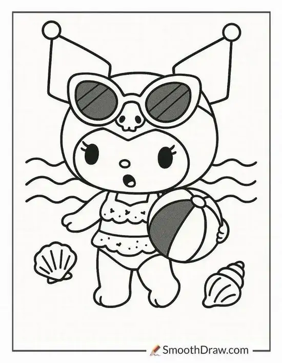 Kuromi đeo kính râm, mặc đồ bơi hai mảnh và cầm phao cạnh vỏ sò, làn tóc tung nhẹ quanh mặt làm cảnh biển nhìn thật rạng rỡ