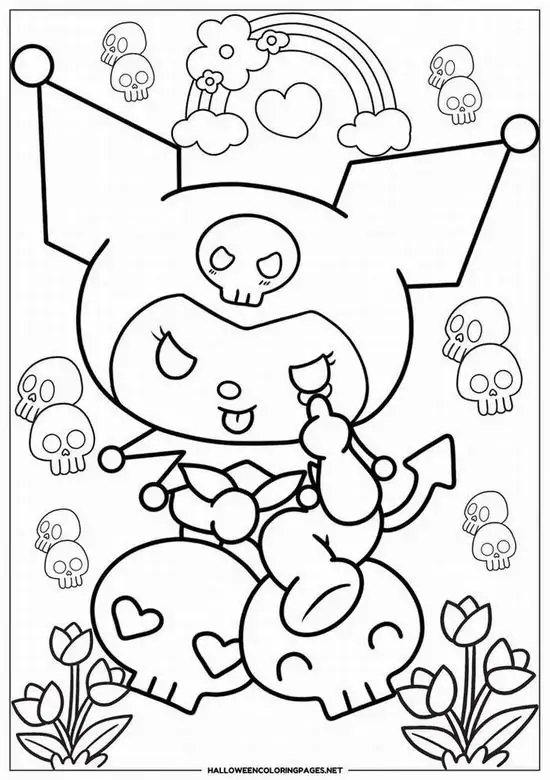 Kuromi ngồi trên bạn nhỏ giữa nền hoa và cầu vồng, một tay giơ lên vui vẻ làm dáng ngồi trông thật thanh và nhí nhảnh