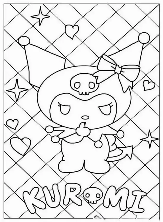 In trang tập tô màu Kuromi đứng trước nền caro có sao lấp lánh, tay chống nhẹ bên hông và ánh mắt xếch làm tranh đen trắng Kuromi này thêm cuốn hút