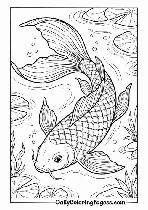 50 Tranh Tô Màu Cá Chép xòe đuôi mềm mại vảy cong nổi bật giúp bé luyện tay và học màu